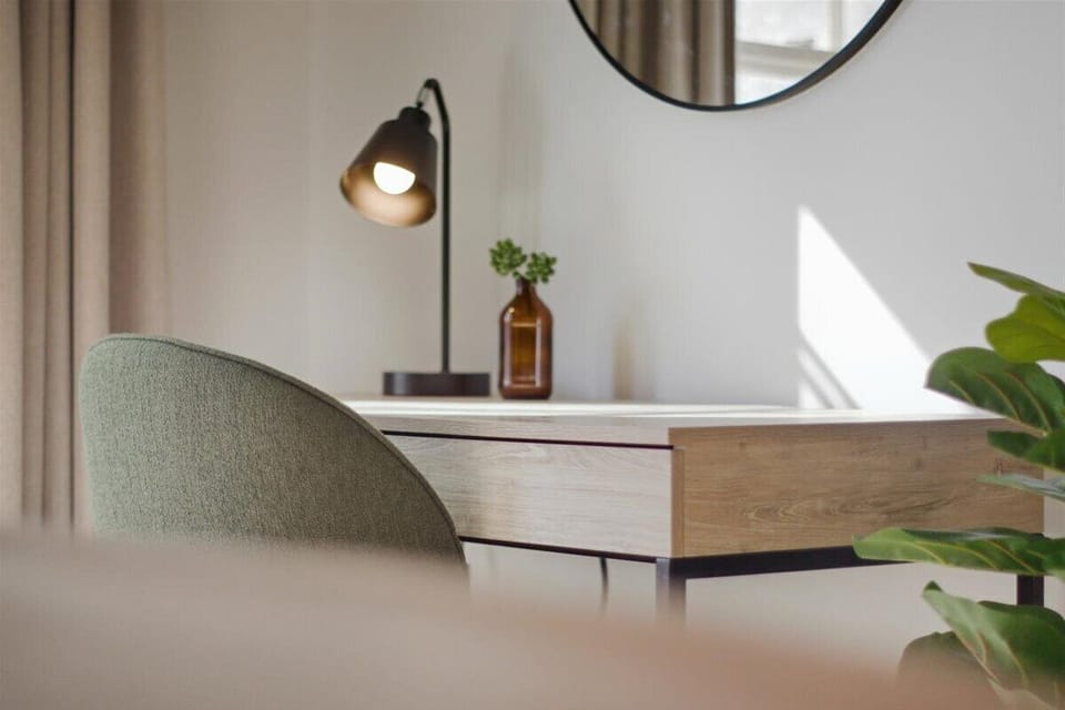 Sunny king bedroom—perfect for working