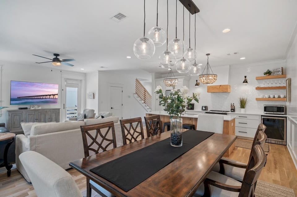 Spacious open-concept dining and living area with modern charm