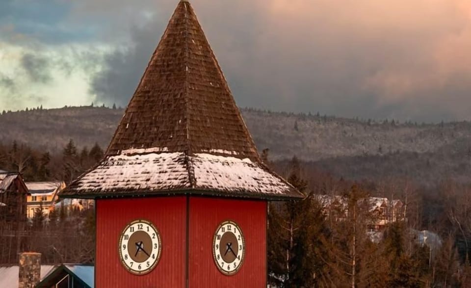 The snow-dusted clock tower is a feature piece of West Dover!