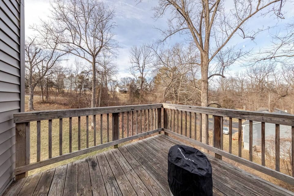 Back deck with gas grill — looks out over the wooded backyard