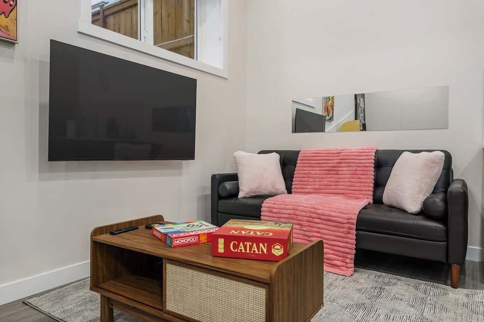 TV tilts so that it can easily be viewed from the couch