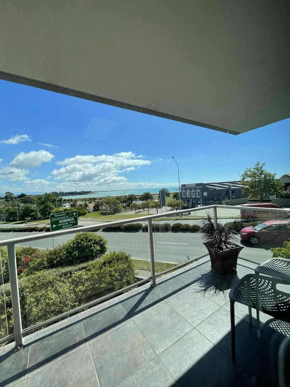 View from balcony out over Caroline Bay 