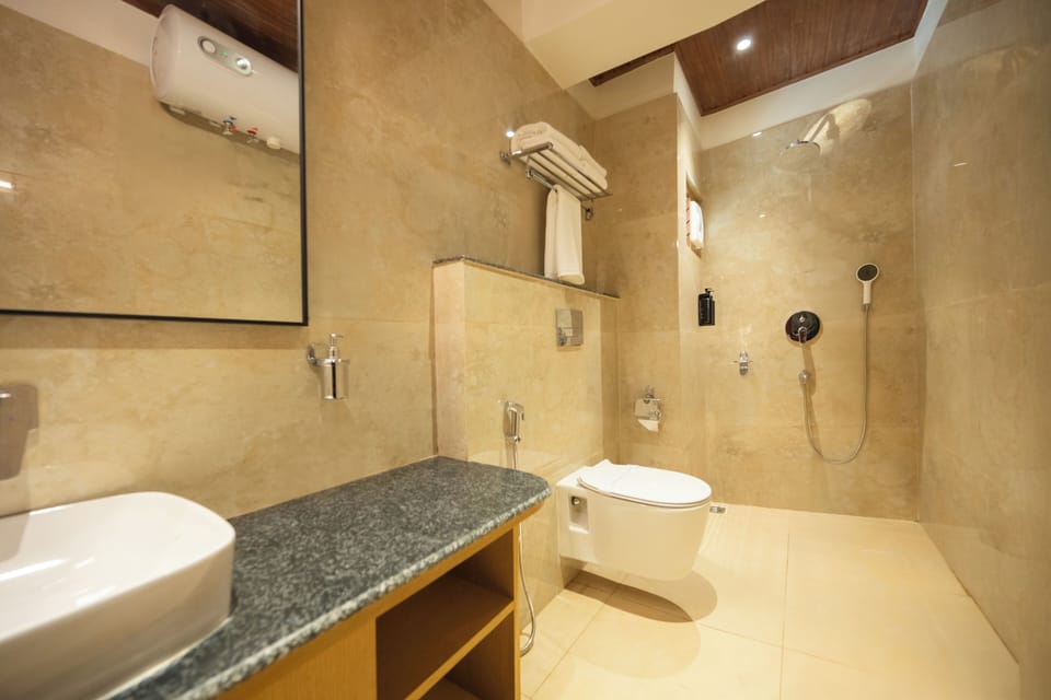 Shower, slippers, towels, soap