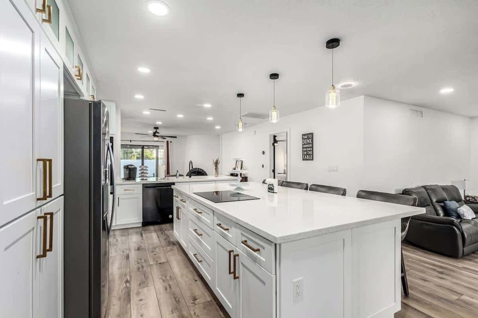 Fully stocked kitchen ready for home cooking.