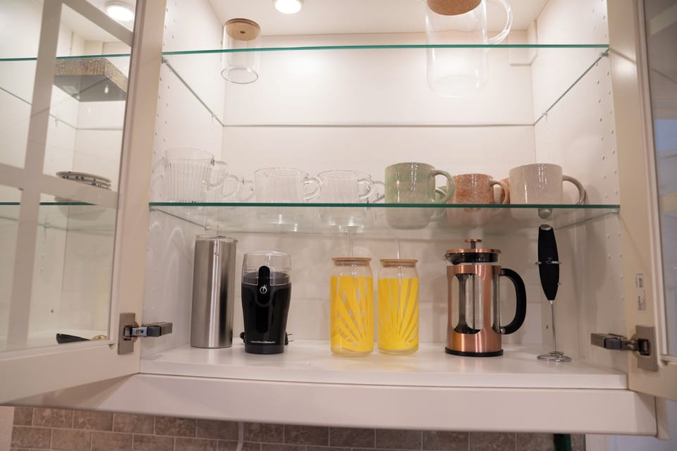 Foamer, grinder, french press and to go mugs