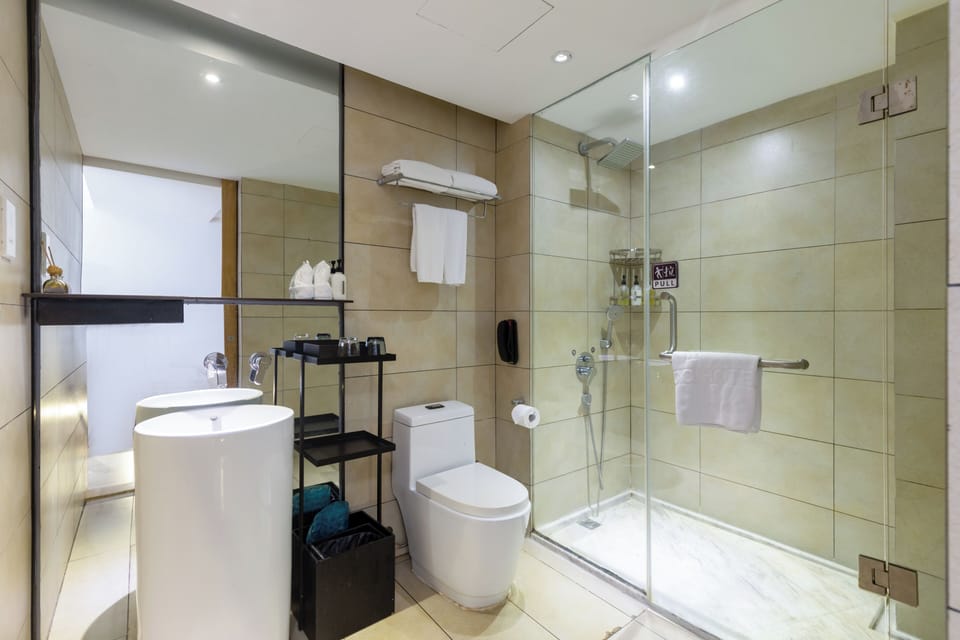 Shower, rainfall showerhead, hair dryer, slippers