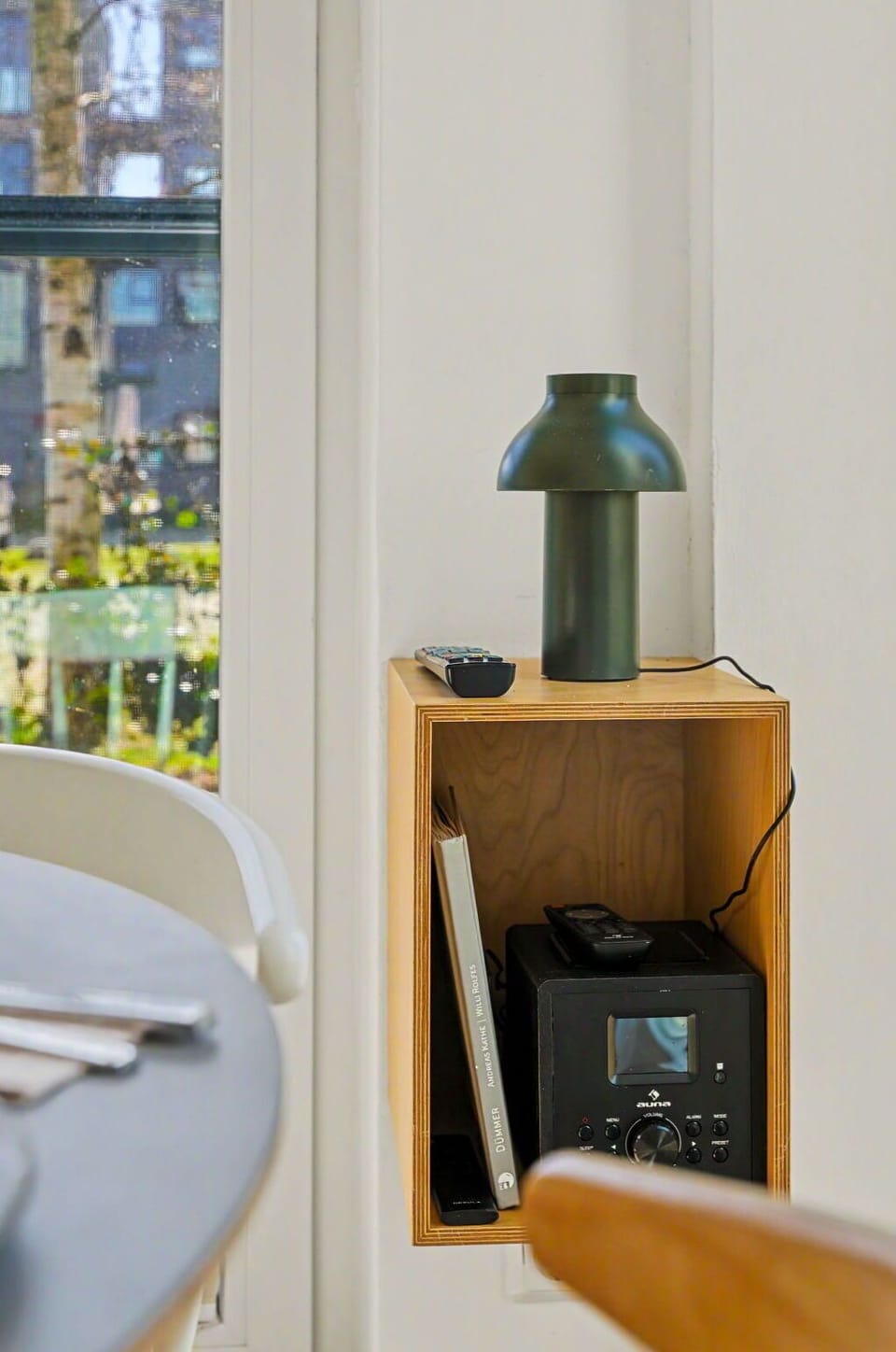 Furniture, Lighting, Interior Design, Room, Shelving, Wood Stain, Loudspeaker, Hardwood, Lamp, Plywood