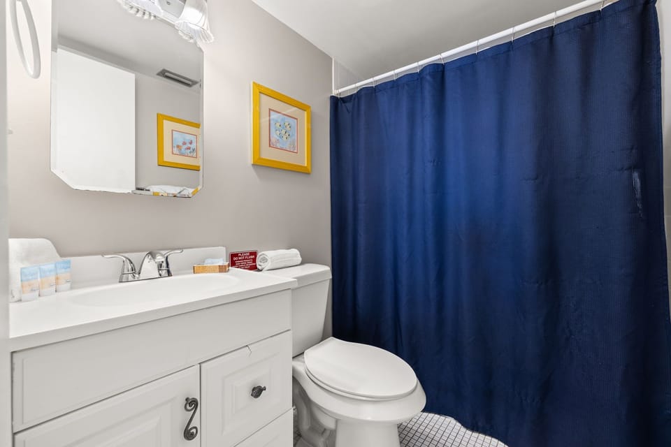 Compact bathroom featuring a white vanity and a navy blue shower curtain.