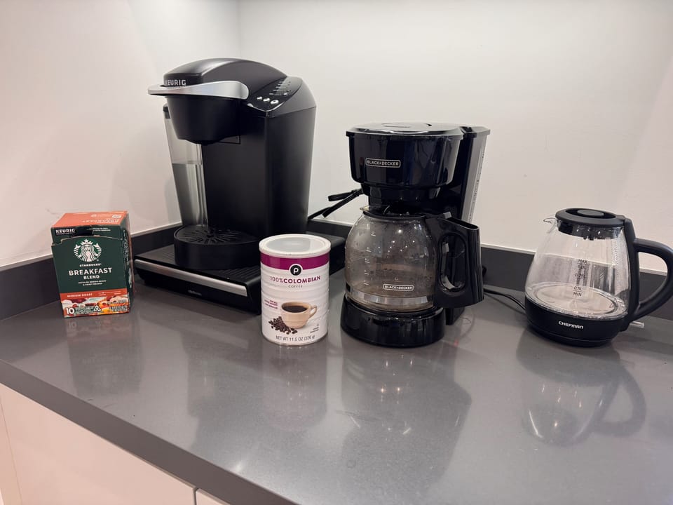 Coffee station includes Keurig and regular drip coffee makers & Elec tea kettle