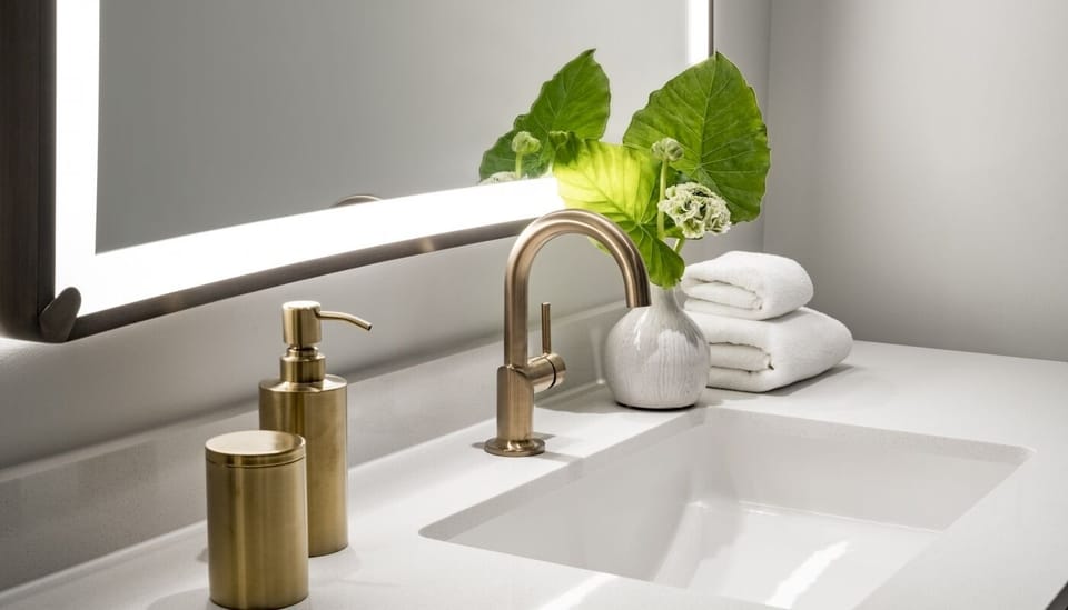 Indulge in spa-like touches with fluffy towels and fresh greenery.