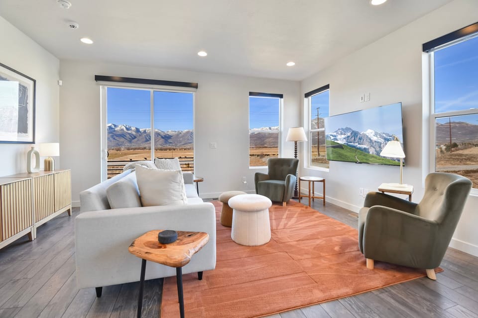 With unobstructed views of the Wasatch Back, the Living room in Nordic Getaway is a great place to gather