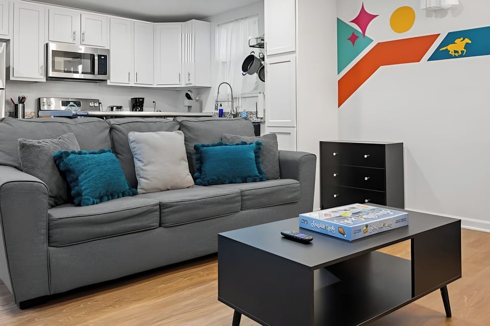 Kick back on the grey sofa and enjoy a movie or game night.