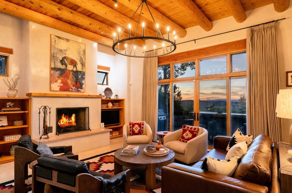 Mountain-view lounge with cozy fireplace