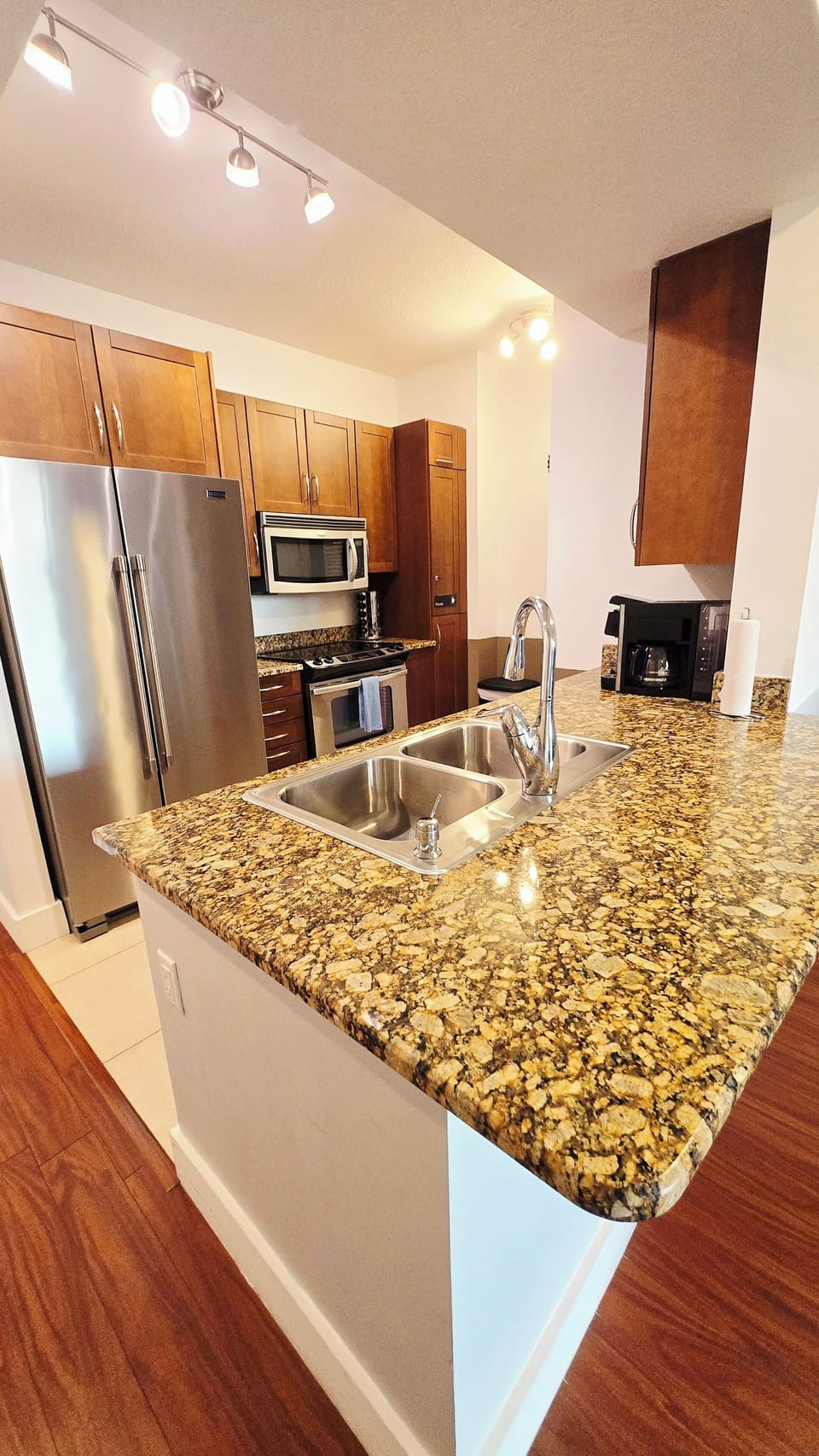 indoor, coffee and or coffee maker, kitchen, oven, stove, microwave,refrigerator