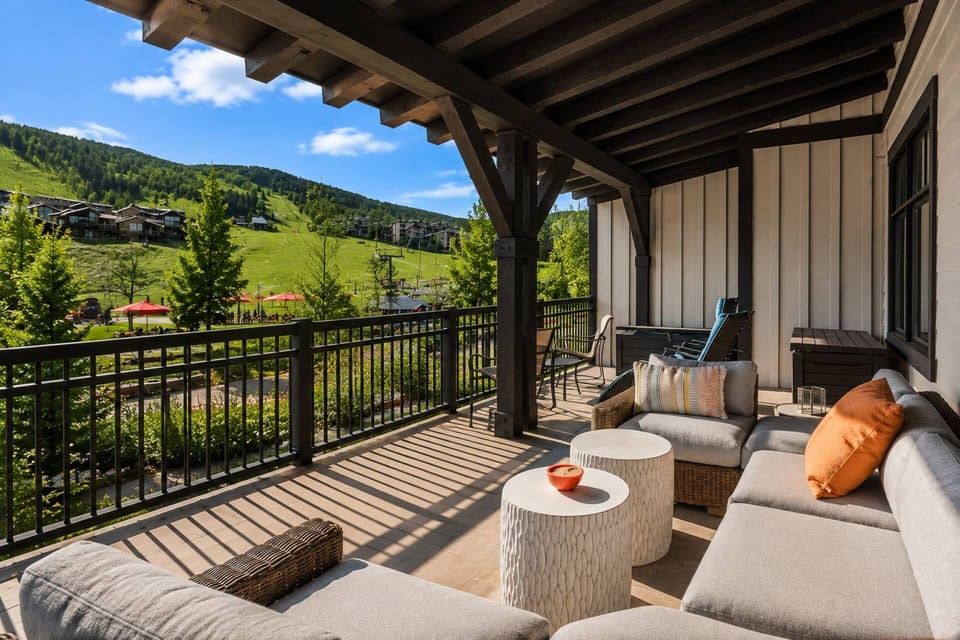 Enjoy incredible mountain views, glorious sunshine while relaxing on one of the largest patios in the Snowmass Base Village.