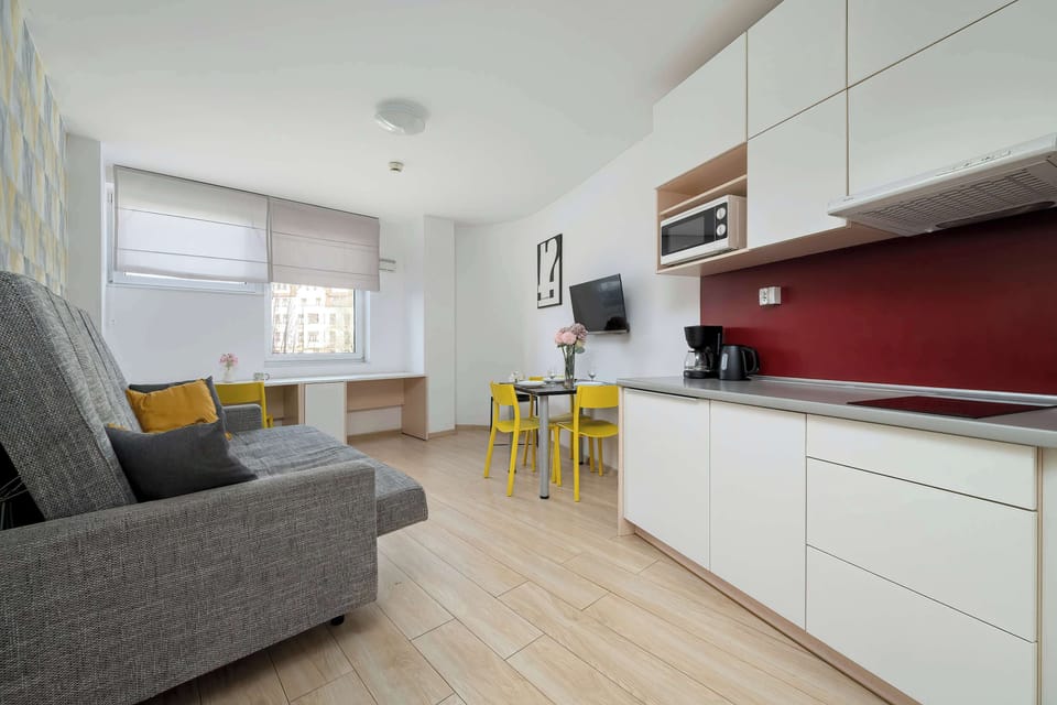 Spacious living room layout with sofa bed and kitchen.