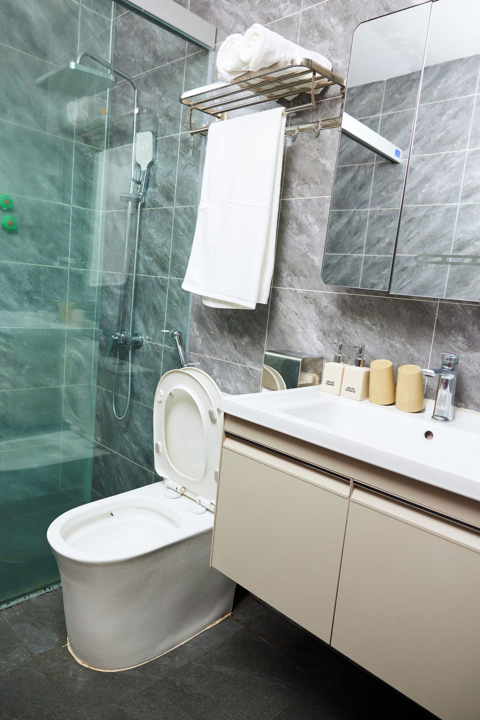 Shower, hair dryer, slippers, bidet