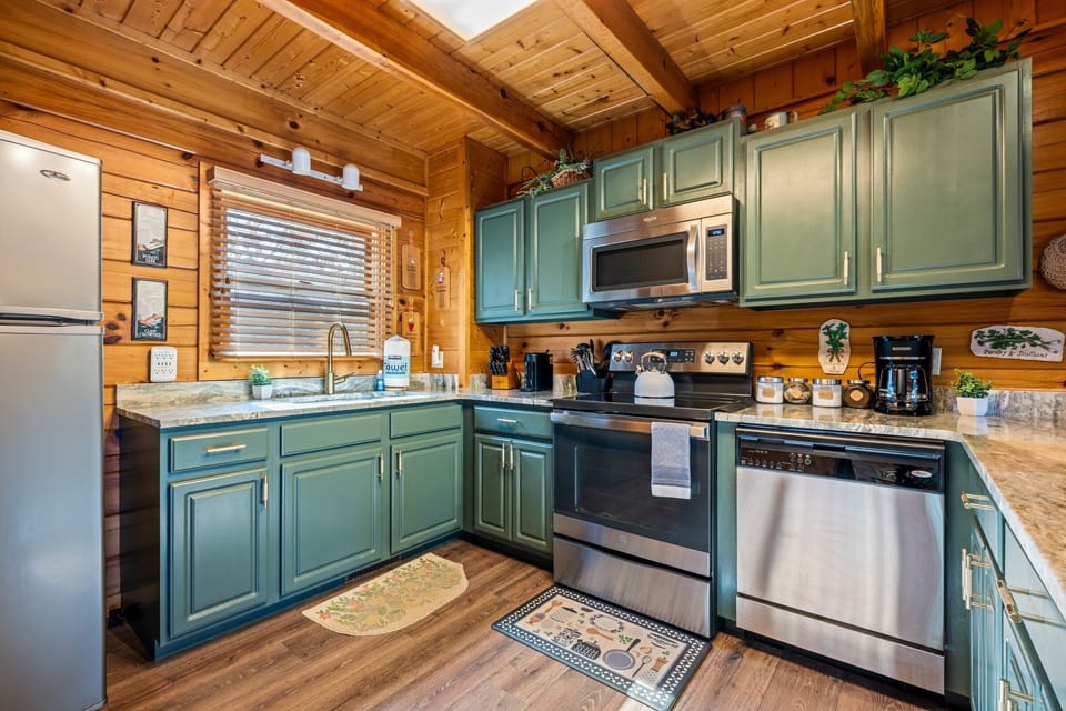 Fully stocked modern kitchen.