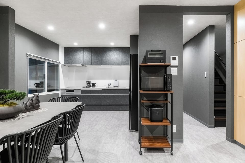 Fridge, microwave, stovetop, rice cooker