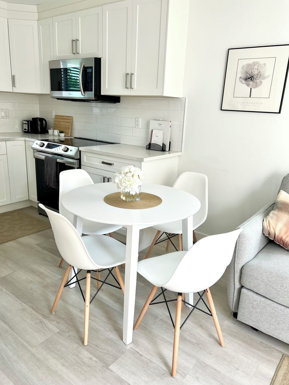 Dining table with drop leaf for extra space if needed and extra chair available