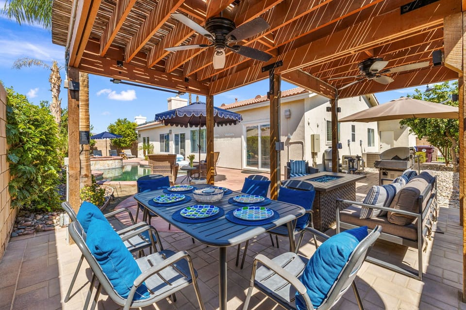 Dine al fresco or sit fireside in the well appointed shared patio