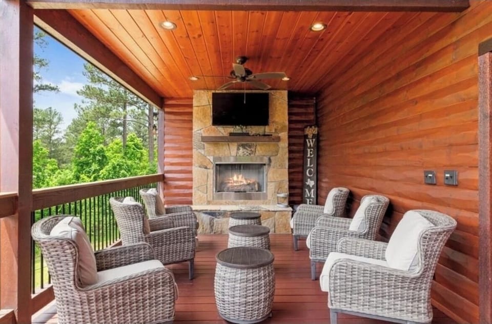 Gas fireplace and TV on the back porch