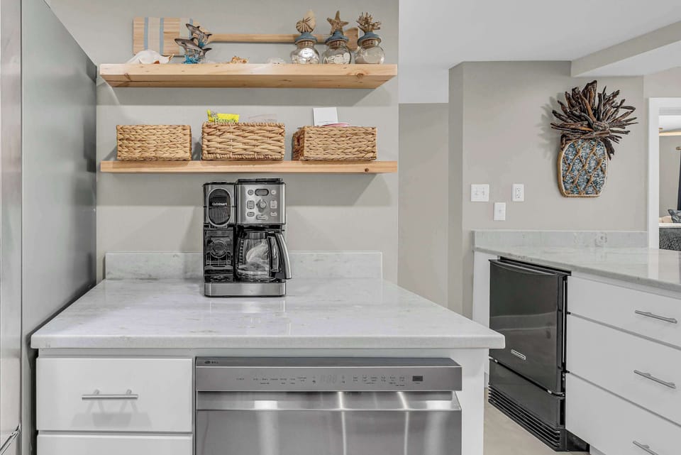 Coffee station and beverage fridge perfect for mornings and evening drinks.

