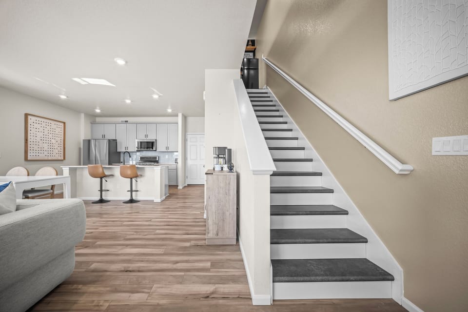 Open layout with easy flow between kitchen, dining, and living spaces.
