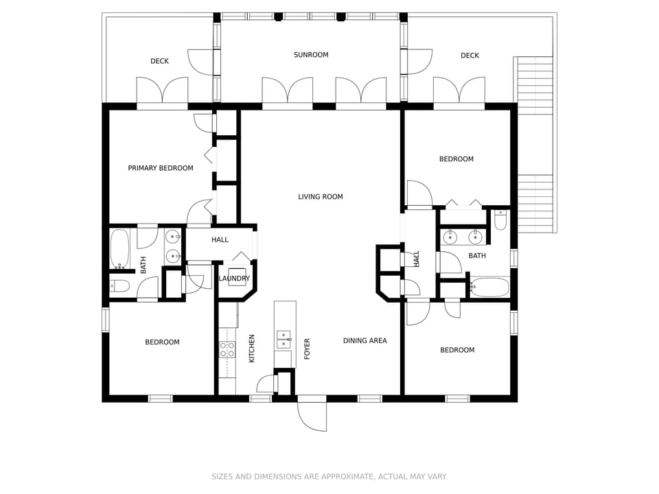 A spacious floor plan featuring multiple bedrooms, living areas, and outdoor decks for your perfect getaway.