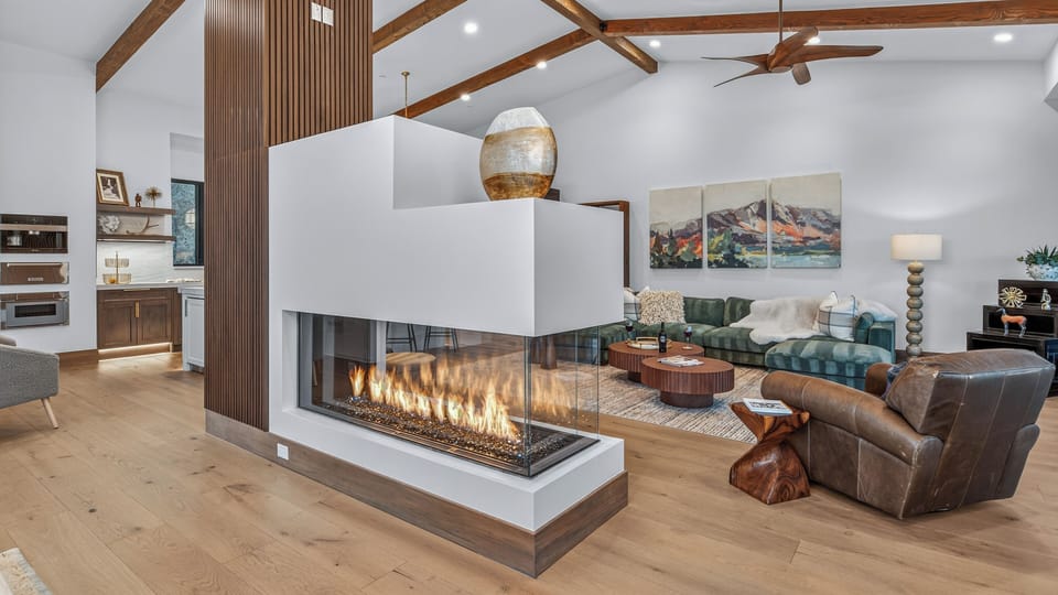 Great Room, Upper Level - Nocturne View, with fireplace.
