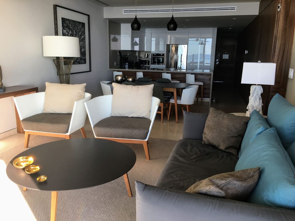 Our living room with view of dining/kitchen area.