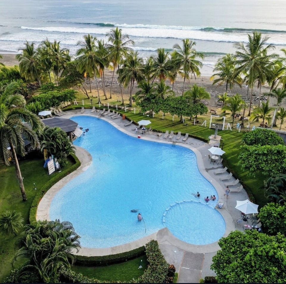 Aerial view of pool, beach and YoYo's