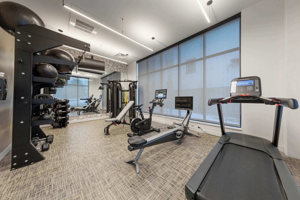 Fully-equipped fitness center with modern gym equipment for your workout needs. Stay active during your stay with a variety of cardio and strength training machines, all in a spacious and well-lit environment.