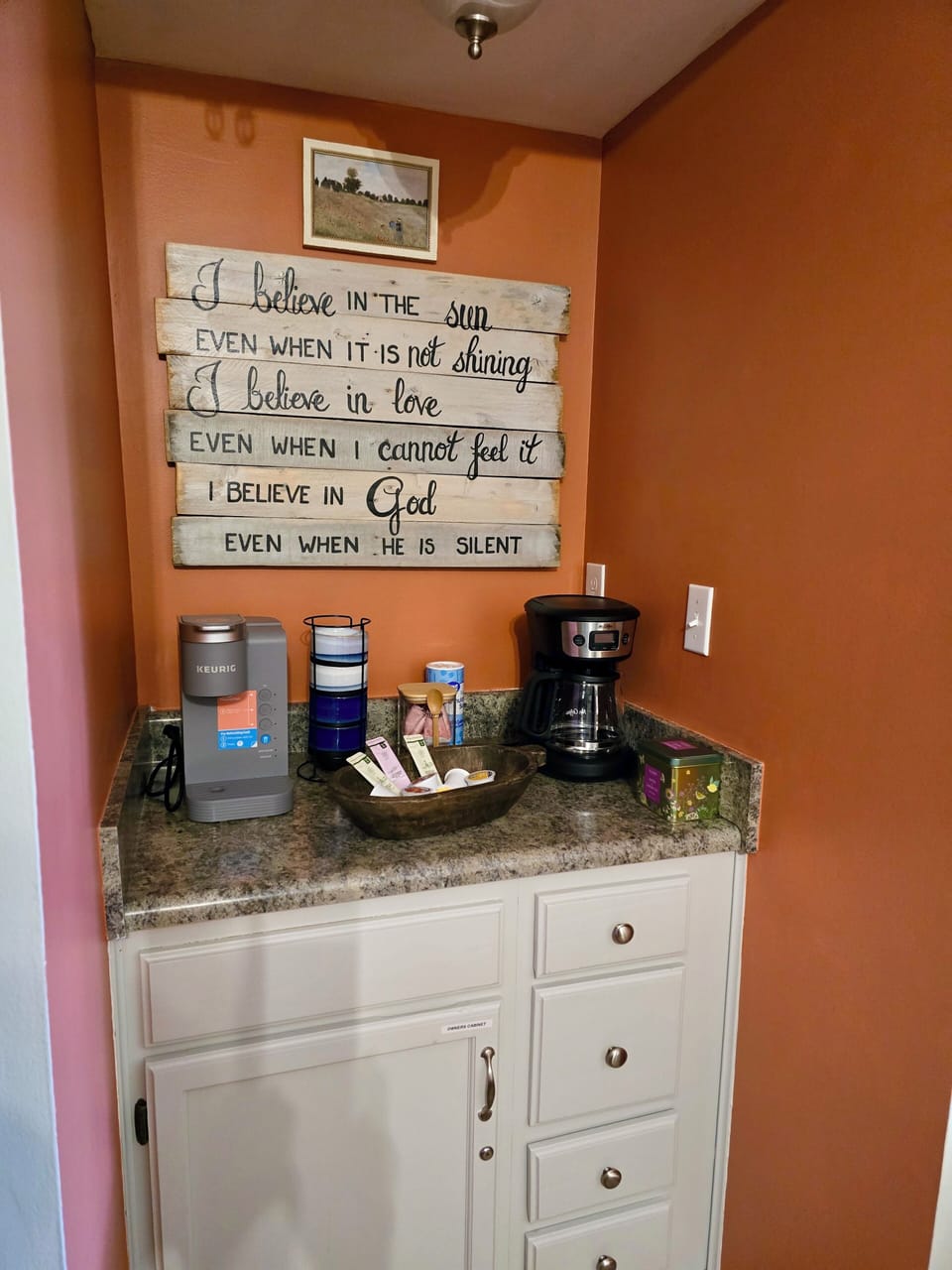 Coffee station with Keurig and drip coffee maker. Starter coffee, tea provided.