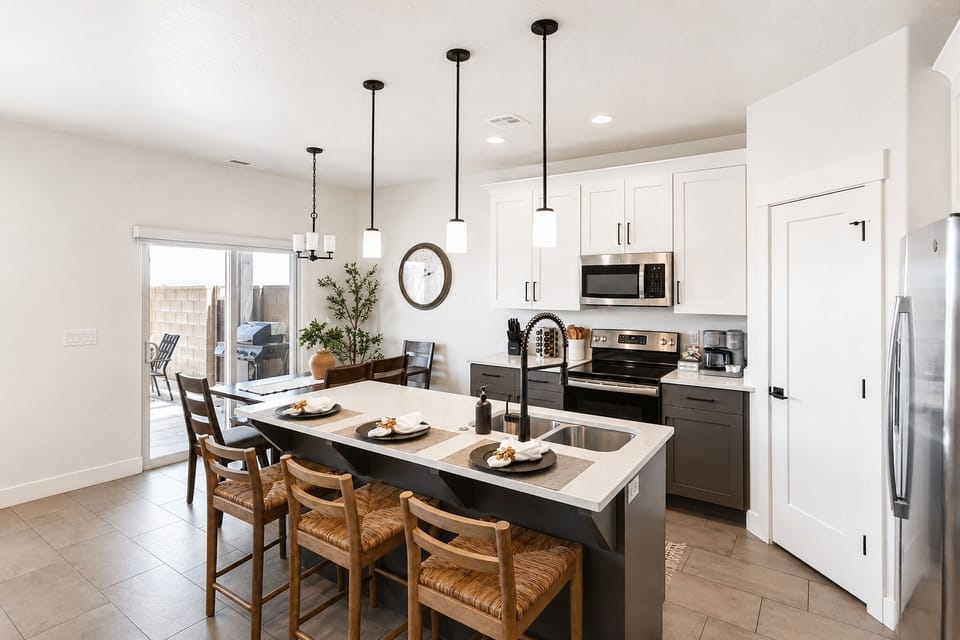 Bright modern kitchen with island seating and easy patio access