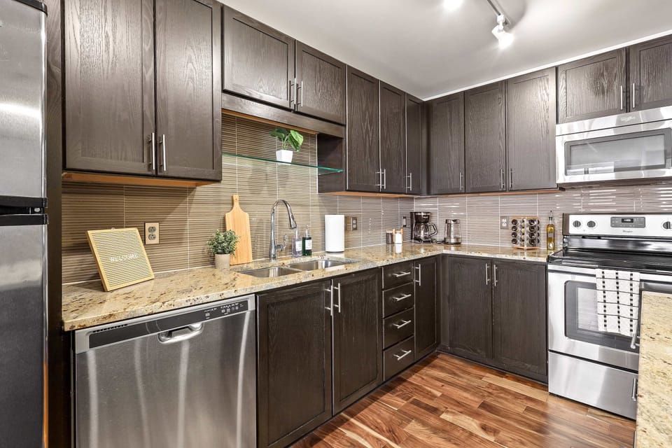 Plenty of cabinet space and polished finishes for your convenience.