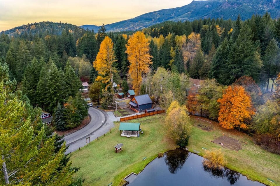 From above, the cabin sits next to the community park/lake with open green space and for quiet outdoor recreation. New play structure is being added to the park.