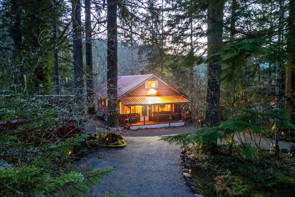 Front Exterior of Cabin - A cozy forest cabin nestled among towering evergreens in the Paradise Estates community, circular driveway glowing at dusk with a gorgeous mountain backdrop.