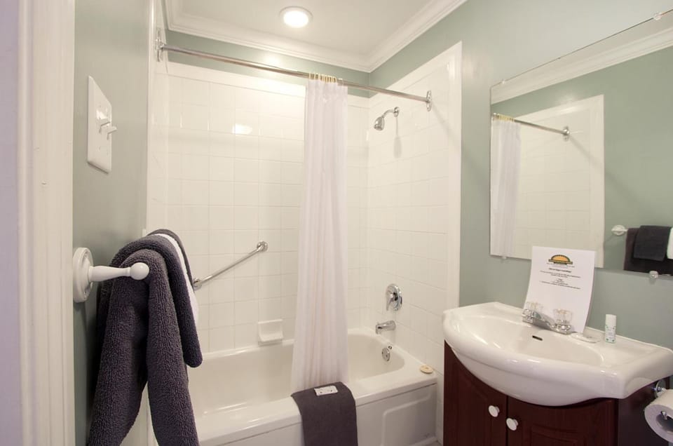 Combined shower/tub, hair dryer, towels