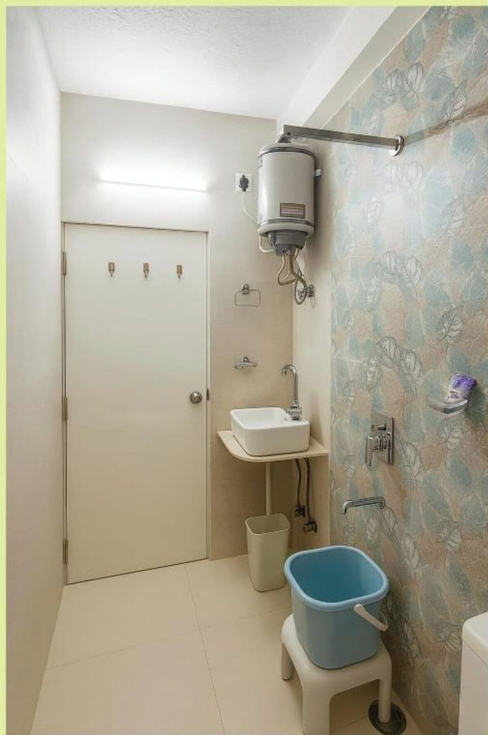 Shower, rainfall showerhead, slippers, towels