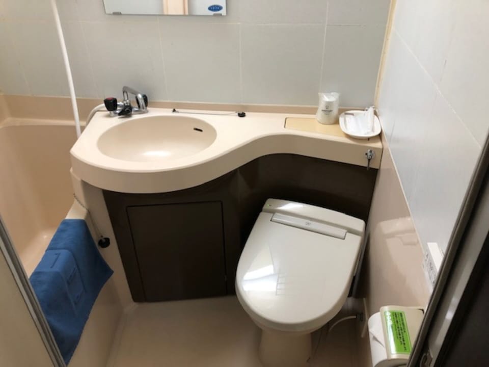 Combined shower/tub, free toiletries, slippers, electronic bidet