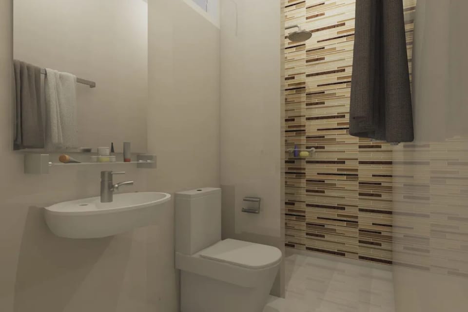 Shower, rainfall showerhead, free toiletries, hair dryer