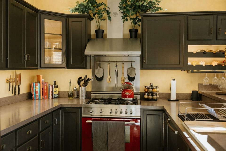 The kitchen is fully stocked and ready for you to make a full course meal or just warm up a pizza!