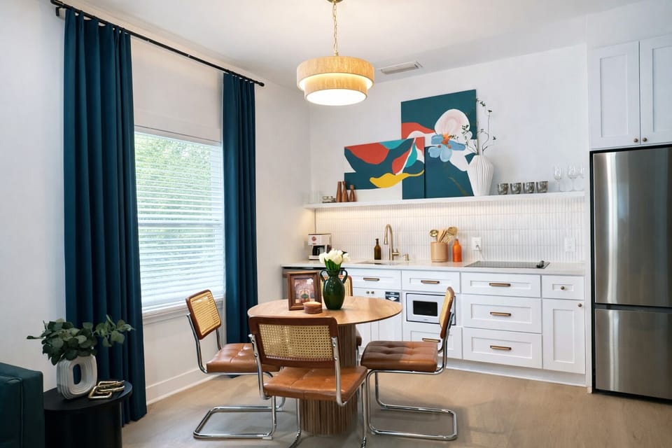Modern dining area equipped with cooking needs 