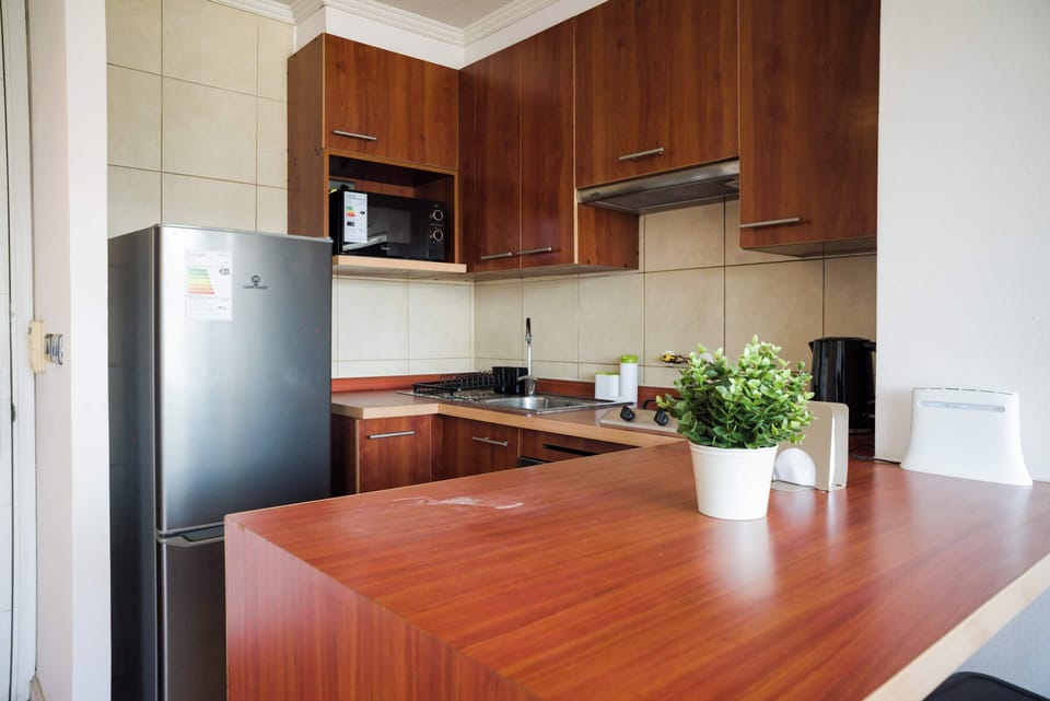 Sleek kitchen with modern appliances and warm wood finishes, perfect for culinary adventures in a cozy setting.
