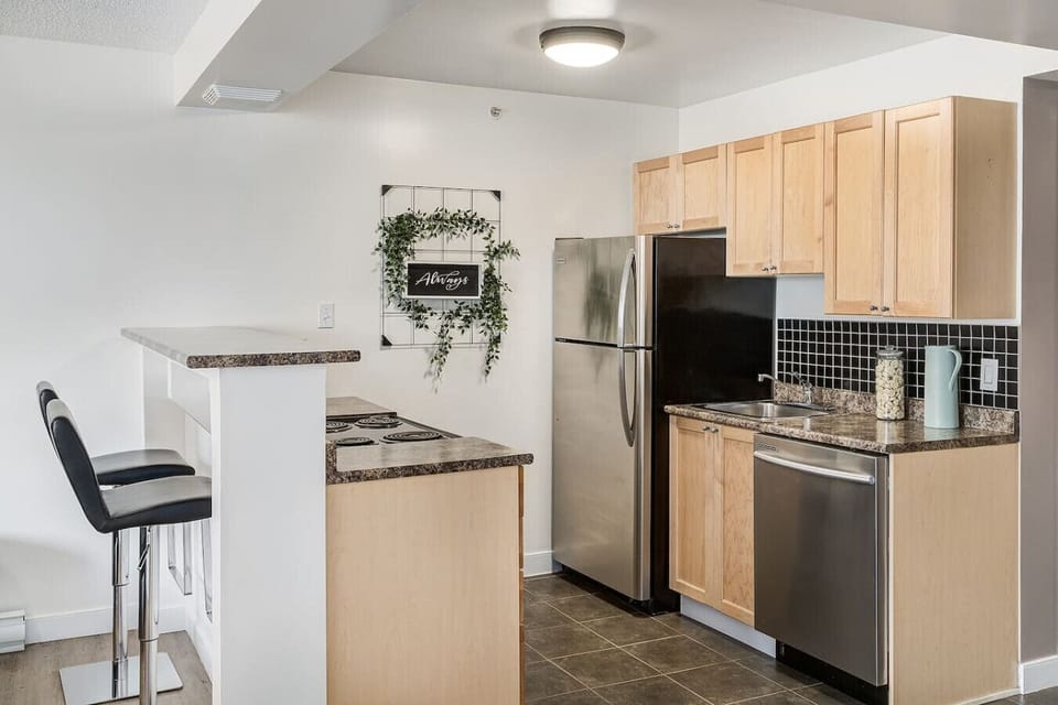 Kitchen bench has seating for 2.