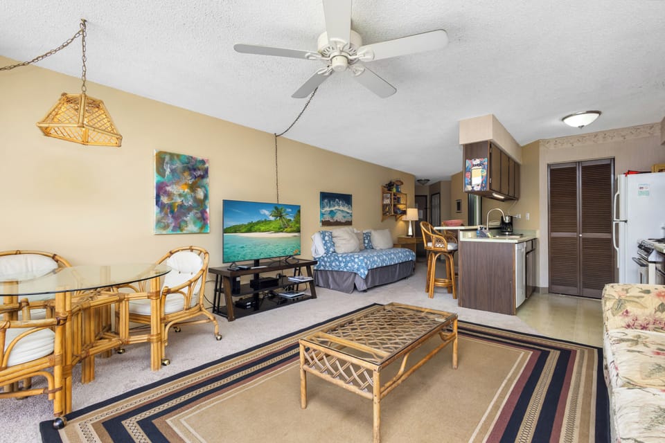 Unwind in your cozy island-inspired studio with beachy decor, tropical furnishings, and all the comforts you need for your perfect Hawaiian escape.