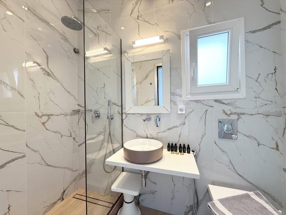 Shower, free toiletries, hair dryer, towels
