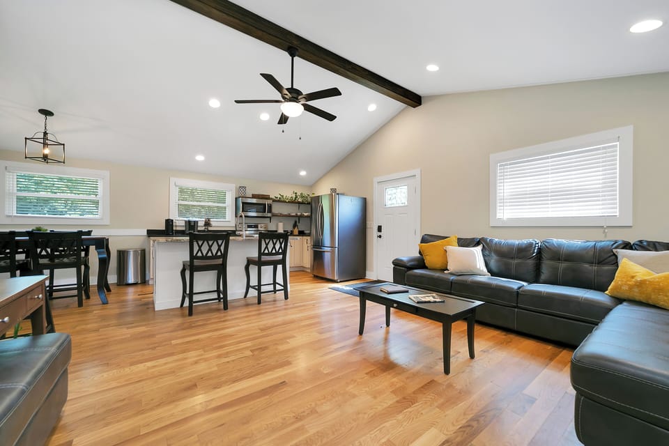 Open-concept living area with kitchen near downtown Brevard & Pisgah.