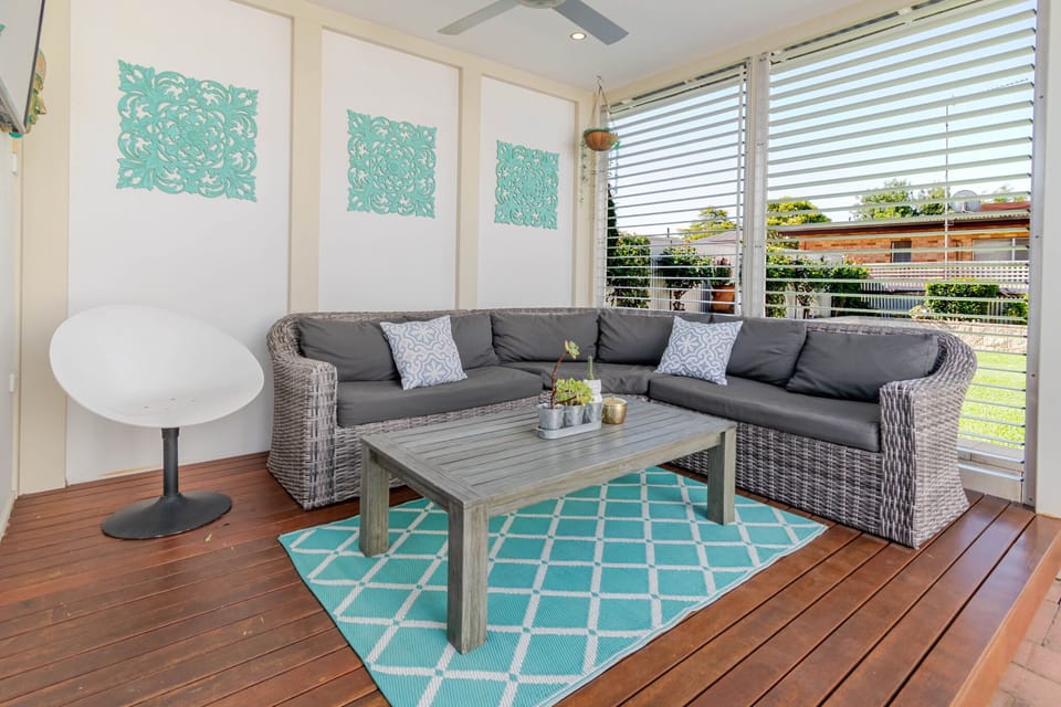 Outdoor Entertaining Area: TV, Lounge + Ceiling Fan